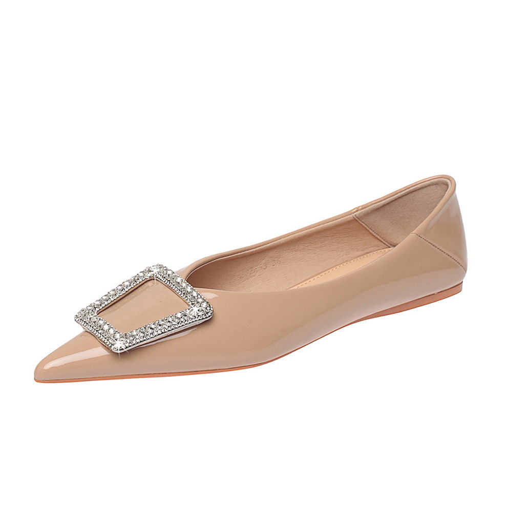 2873-K28 European and American style flat heeled women's shoes, glossy patent leather, shallow mouthed pointed metal rhinestone buckle single shoe, women's flat shoes