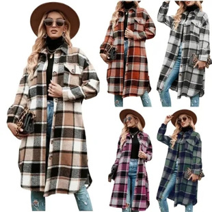 2025 Foreign Trade Amazon European and American Cross-Border Women's Clothing Autumn and Winter Hot Selling Women's Woolen Button Plaid Windbreaker Jacket New