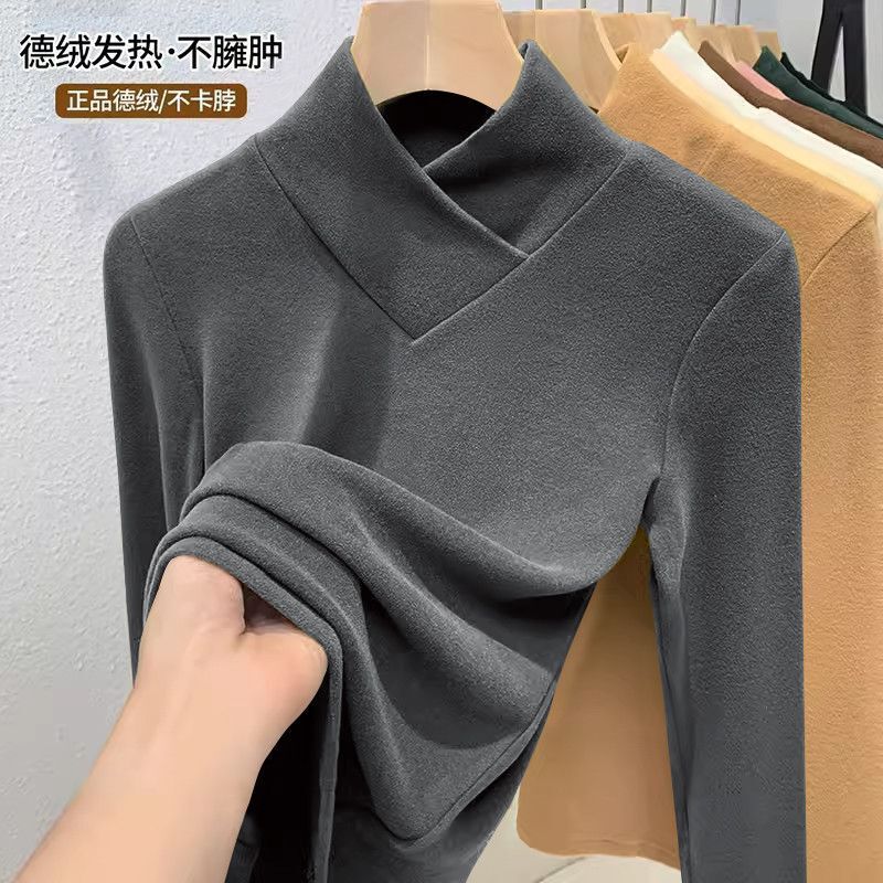 Women's New Velvet Long-Sleeved T-Shirt, Thickeneded Velvet, Warm, Slim, Cross-Neck, Versatile, Slimming Look Pure Color Top, Trendy