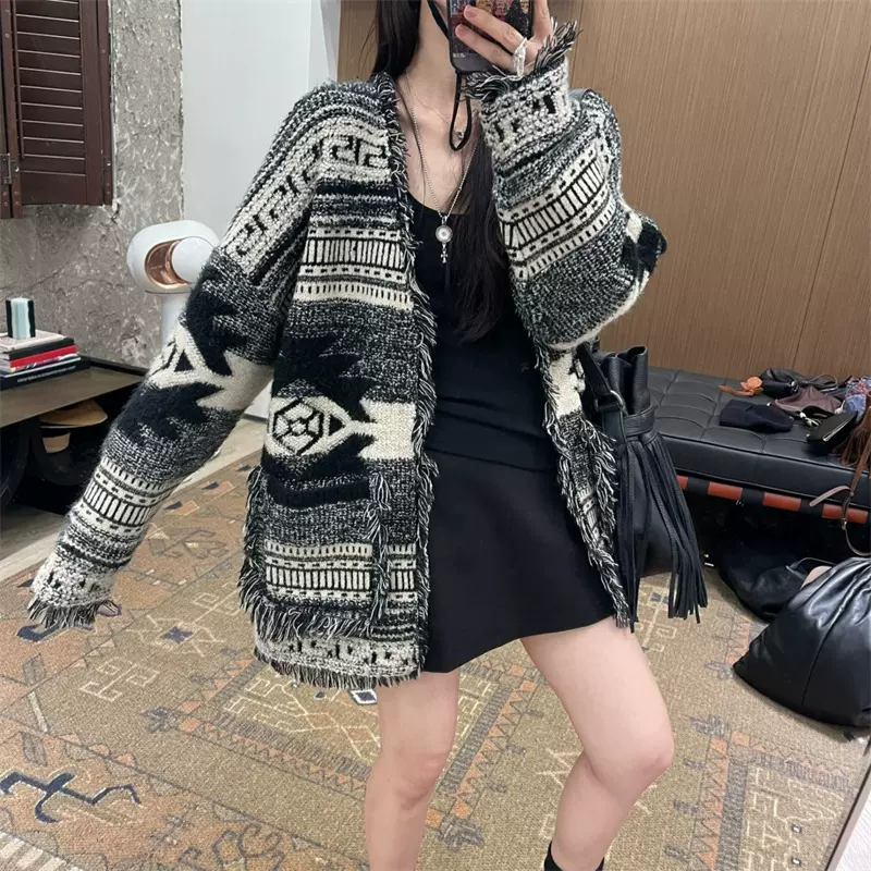 2025春秋新款复古提花流苏针织开衫女费尔岛上衣慵懒风毛衣外套