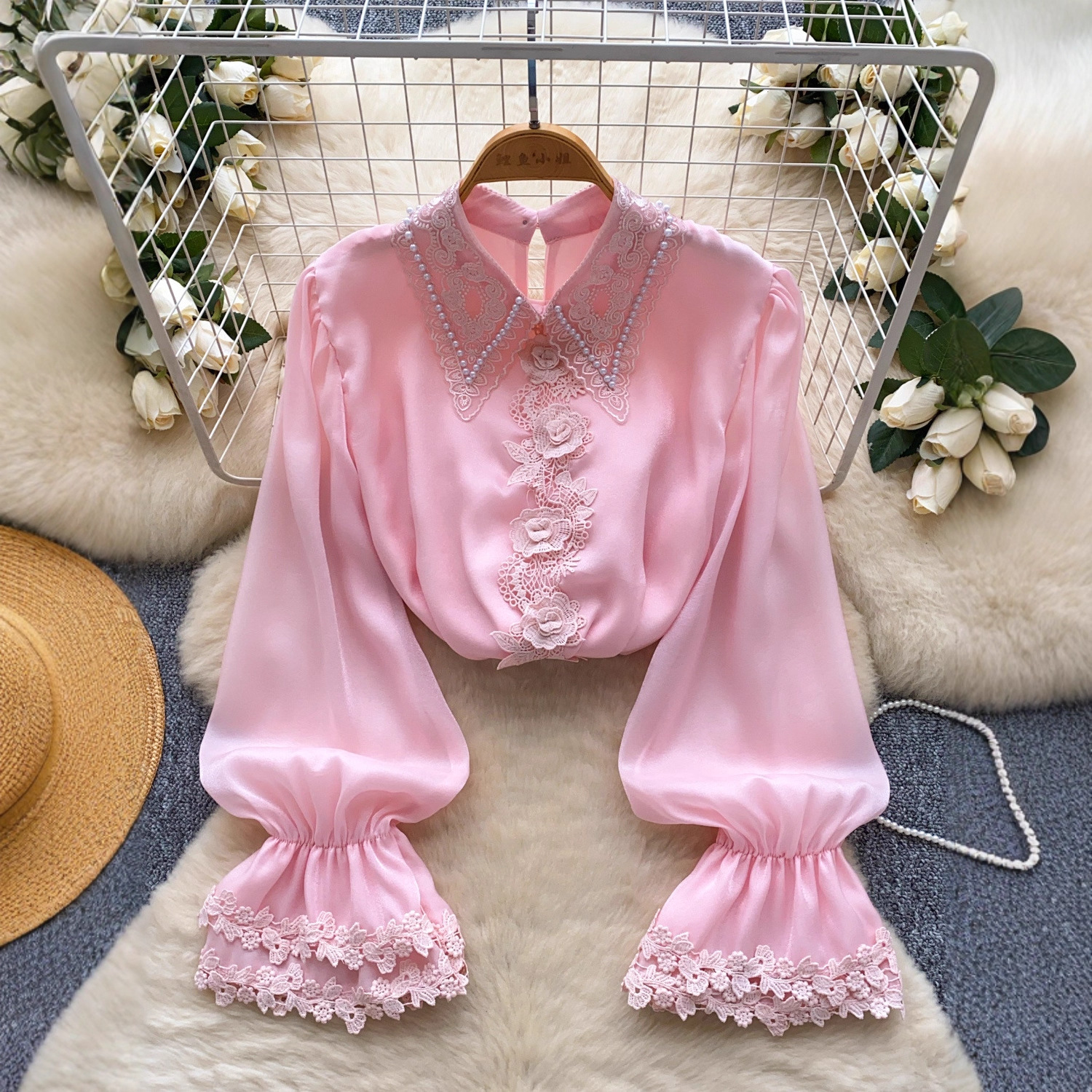 Top da donna in stile francese, resistente, con perline, in pizzo, patchwork, in rete di perle, caldo, design unico per le signore_voghion.com