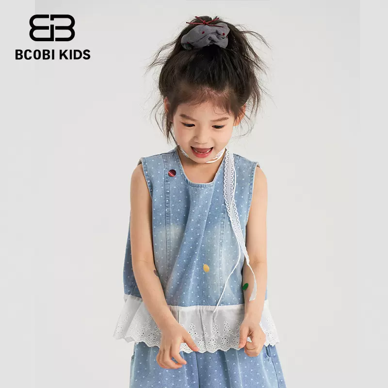 不可比喻女童牛仔衬衫2025新款中大童夏季外穿时尚波点无袖衬衫