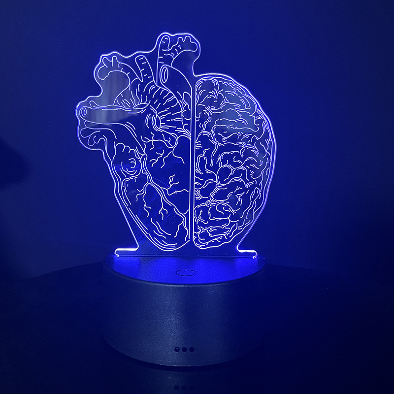 Lámpara nocturna 3D USB con motivos de dientes/cerebro/corazón, acrílica, táctil con mando a distancia, para decoración interior