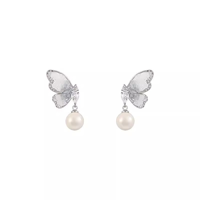 Nube brocado azul gradiente cristal mariposa pendientes de perla nicho diseño ligero de lujo alta sensación de pendientes