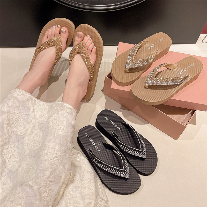 Women's Rhinestone Mid-heel Sandals Square Toe Outdoor Slippers_voghion.com