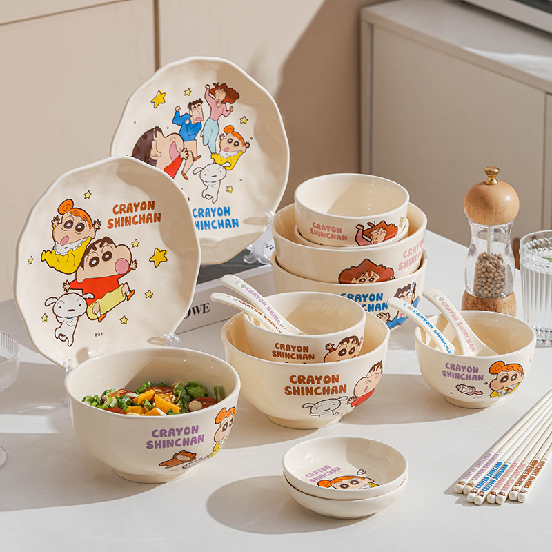 クレヨンしんちゃん 新陶器食器 丼 家庭用 かわいい皿セット ご飯 スープボウル 箸 スプーン ファミリーシリーズ|undefined