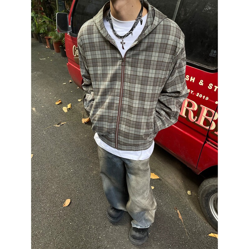 American Style Retro Atmosphere American Style Plaid Hooded Zipper Jacket Autumn and Winter Casual Top Trendy Brand Shirt