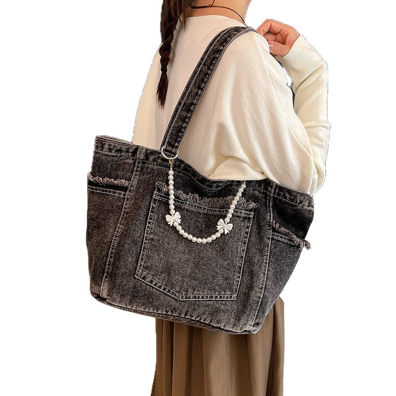 Korean Retro Washed Denim Tote Bag For Women, Large Capacity Casual Shoulder Underarm Bag, Lazy Style Commuter Handbag - Thumbnail 5