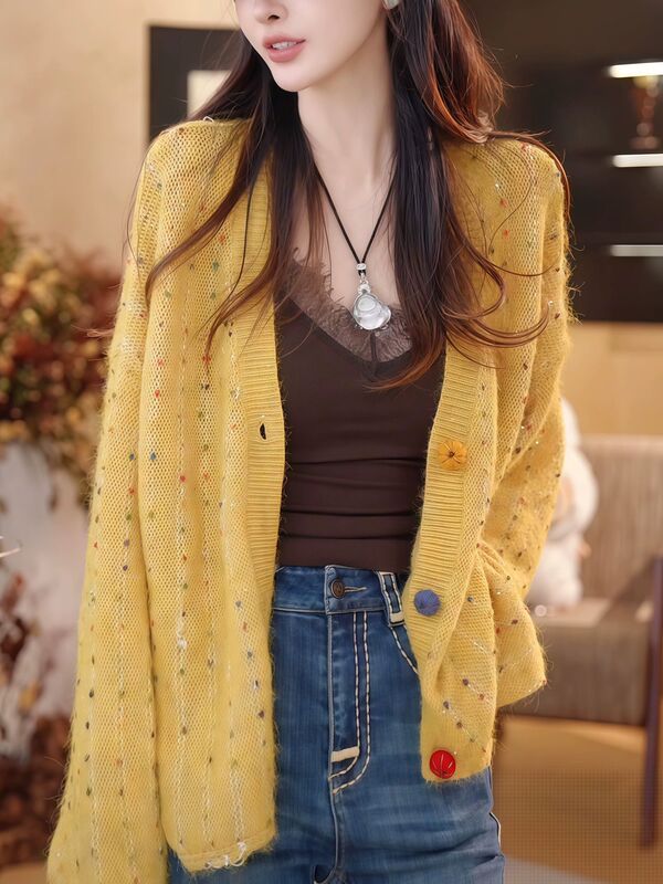 韩系彩色毛球针织开衫毛衣女2025秋季新款宽松慵懒松弛感小众上衣|undefined