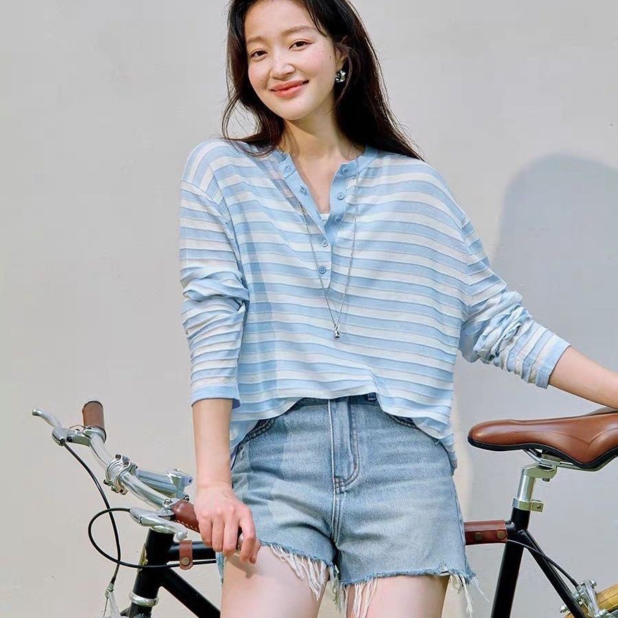 茵系 亨利领条纹针织衫女2026年夏季新款航海系罩衫