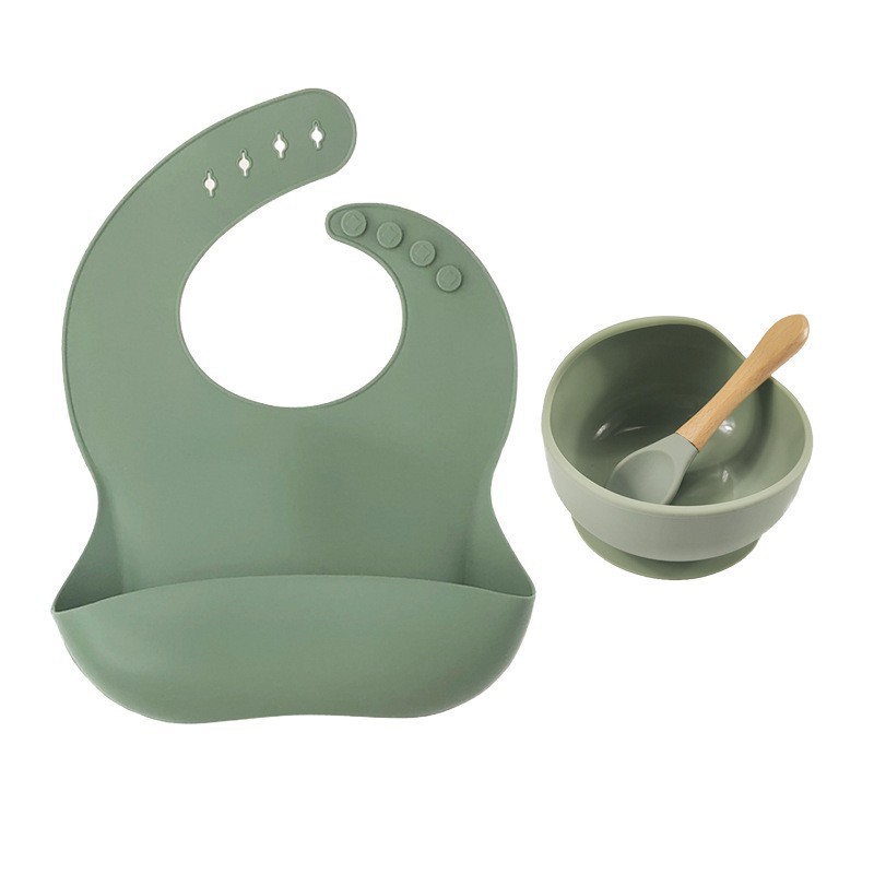 3件装围嘴木柄勺硅胶碗的餐具喂养围兜三件套婴儿碗套装厂家现货