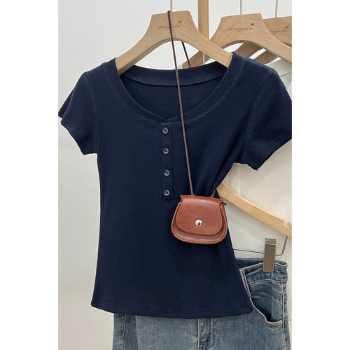 Korean-style design pure color regular shoulder short-sleeve women's summer half-collared stylish T-shirt