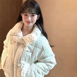甜美温柔波点毛领羽绒棉服外套女冬季新款韩系奶呼呼加厚棉衣短款