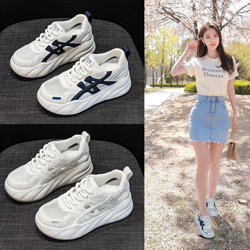 Giày sneaker nữ đế dày tăng chiều cao, phong cách thể thao thời trang, thiết kế đục lỗ thoáng khí mùa hè — M2896 màu trắng, M2896 màu xanh lam