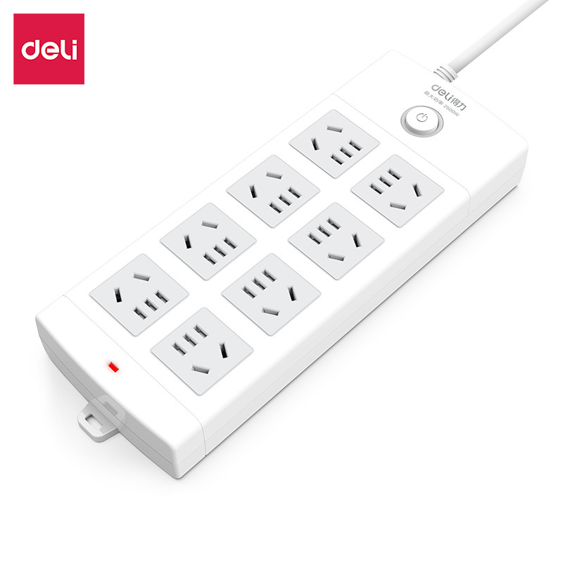 得力18212插座_8组_5米_PVC袋装(白)(只)2500w耐用10A办公插线板