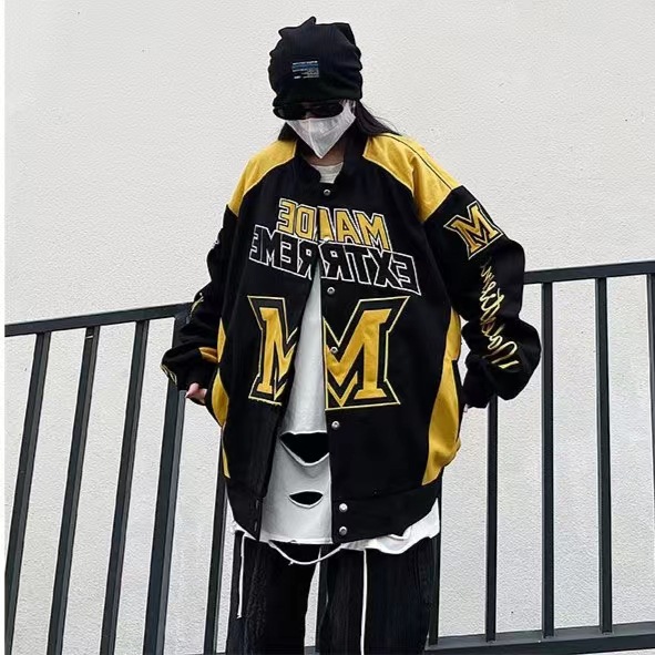 American retro Street High Street Heavy Industry Racing motocicleta chaqueta retro color matching letters hombres y mujeres de la moda nacional chaqueta suelta