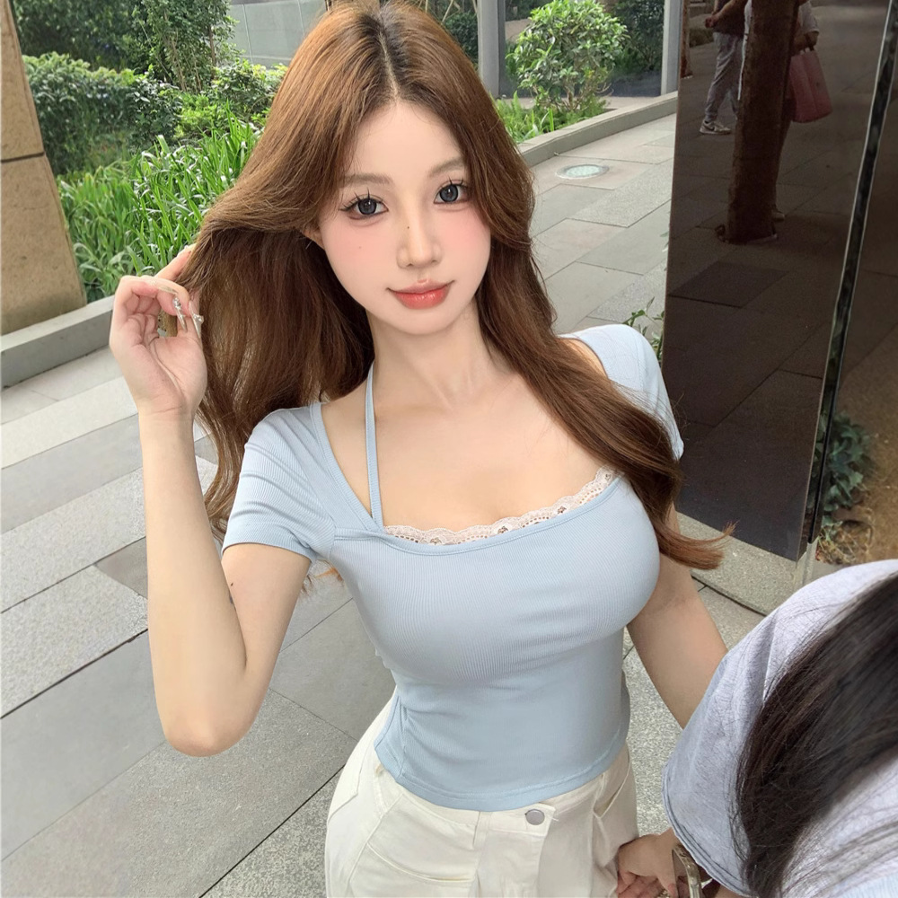 Ins Pure Desire Hot Girl Chest-revealing Lace-edge Short-sleeved T-shirt Women's Trendy Summer Slim-fit Slimming Short Rear Strap Top for Women