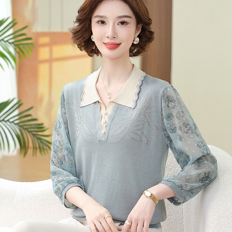 Trendy Lapel-Collar Spring/Summer Knit T-Shirt with Three-Quarter Sleeves for Middle-Aged and Elderly Women, Fashionable and Age-Reducing Color-Blocked Top Trendy Lapel-Collar Spring/Summer Knit T-Shirt with Three-Quarter Sleeves for Middle-Aged and Elderly Women, Fashionable and Age-Reducing Color-Blocked Top