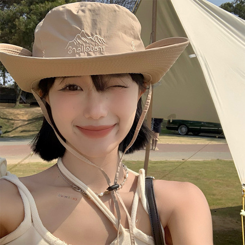 Western cowboy hat for women, summer thin breathable large brim outdoor camping hiking hat, sunshade and sunscreen fisherman's hat