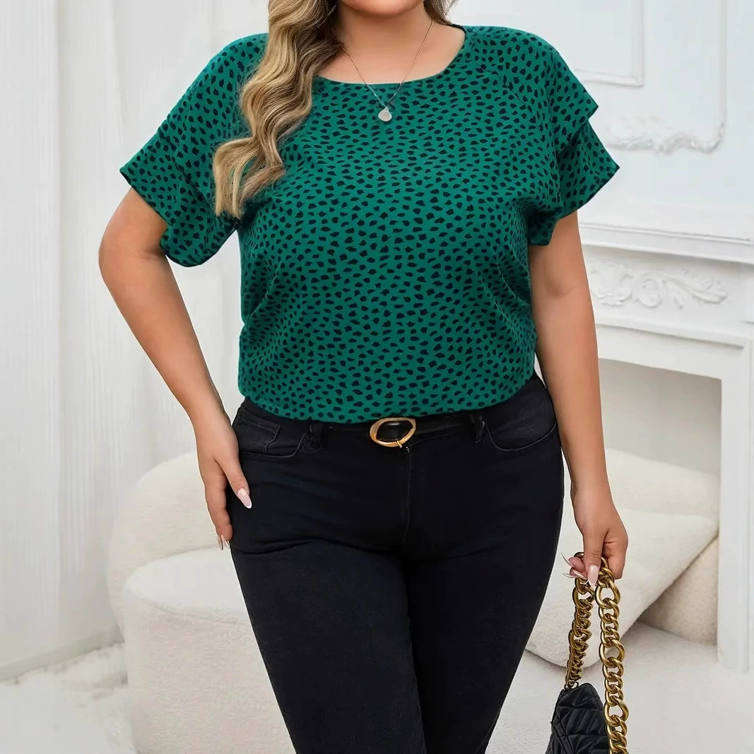 2025 новые летние трансграничные женские большие размеры с нерегулярным принтом в горошек и рукавами в виде листьев лотоса, тонкие и удобные, с круглым вырезом и короткими рукавами