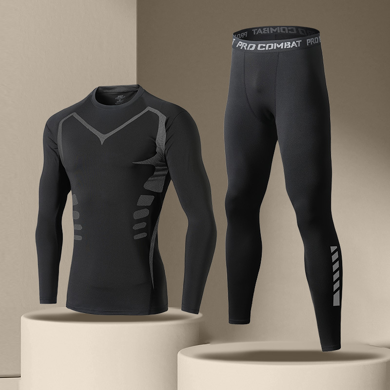 「速乾レオタードセット男性冬ランニングフィットネス訓練服秋冬スポーツ保温下着高弾打底|undefined