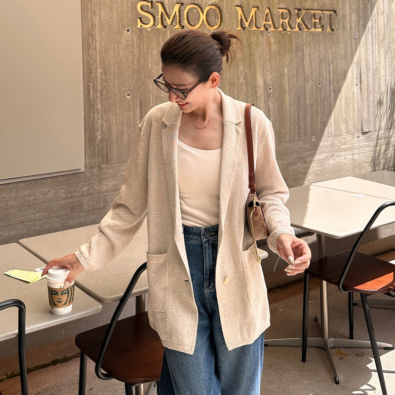 2026 Spring and Autumn New Style Japanese Paper Yarn Suit Style Jacket Breathable Long Sleeve Knitted Cardigan H-125 2026 Spring and Autumn New Style Japanese Paper Yarn Suit Style Jacket Breathable Long Sleeve Knitted Cardigan H-125