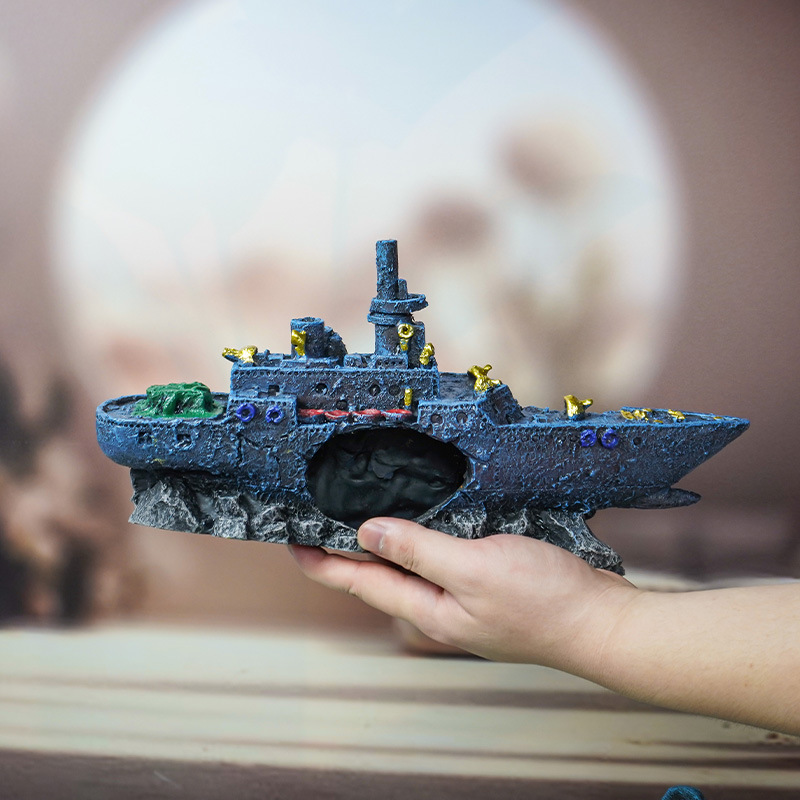 Explosiva simulación buque de guerra, acuario, decoración de paisajismo, decoración de la casa de escape, naufragio de resina transfronterizo, pequeña rocalla