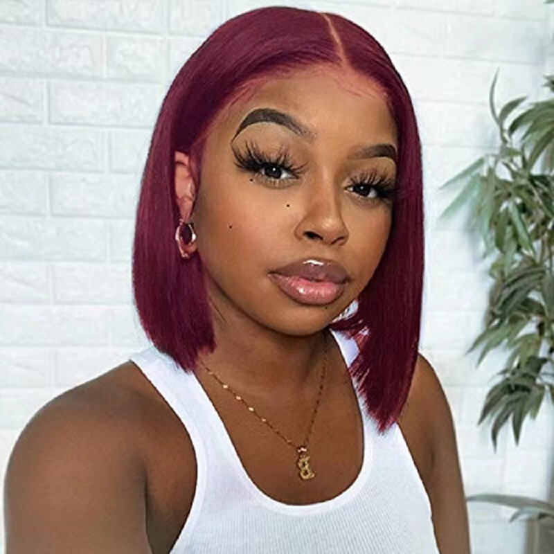 AliExpress European and American wig women's mid-wave wave head wine red short straight hair chemical fiber hair high temperature silk headgear in stock