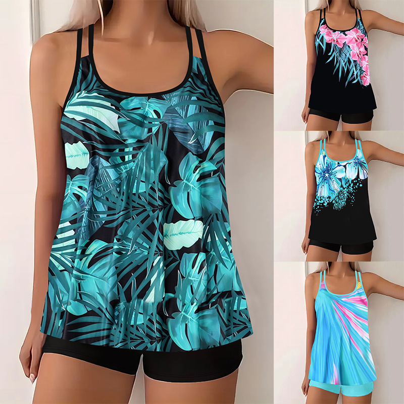 2025 European and American Split Large Size Skirt Swimsuit Women's Tankini Boxer Shorts Independent Station Cross-Border Export Swimwear
