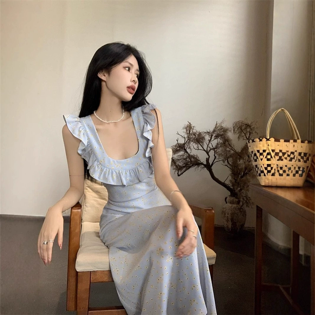 Трансграничный французский романтический нежный маленький летающий рукав синее цветковое платье женское весеннее лето новое пляжное платье