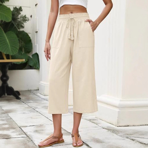 Cross-Border Tk Women's Amazon Cropped Linen Pants Wide-Leg Casual Wide-Leg Pants Cropped Beach Summer Pants with Pockets