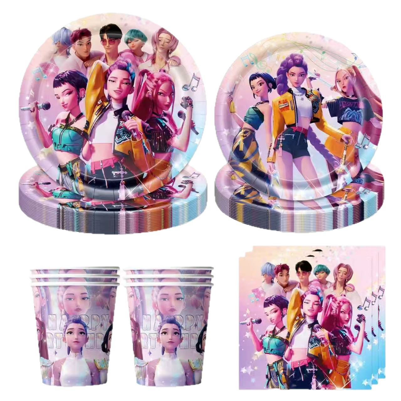 Inventario de caza de demonios rosa grupo de mujeres cubiertos set de cumpleaños tazas de papel bandejas de papel toallas de mesa artículos decorativos