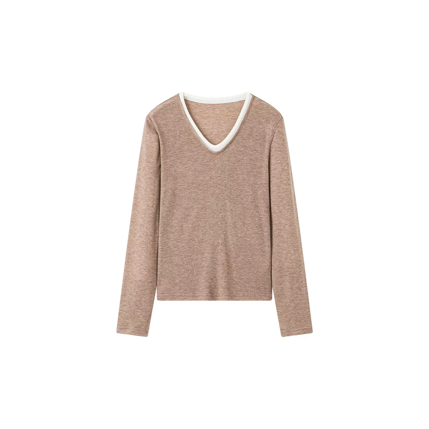 设计感双层撞色v领长袖羊毛天丝T恤女2026春新款显瘦百搭打底小衫