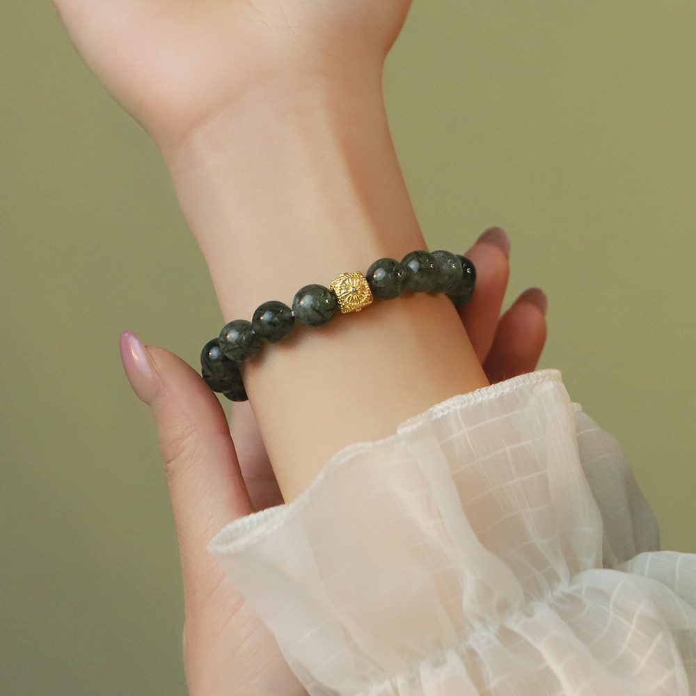 Mingdu Crystal Pulsera de cuentas redondas de cristal de cabello verde natural Nuevo estilo chino salvaje estilo ins con joyería de pulsera chapada en oro Hanfu