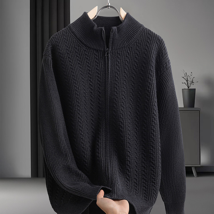 Otoño y invierno de color sólido simple de color sólido cremallera cardigan chaqueta gruesa cálida de punto casual entrelazado suéter de punto de hombre