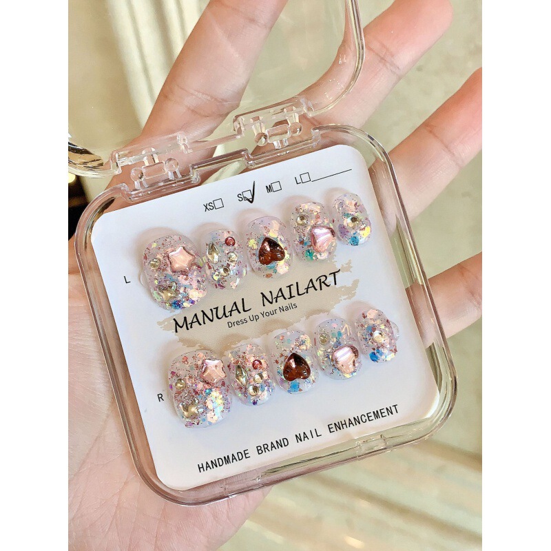[original Real Shot] Purely Handmade Wearable Nails Internet Celebrity Nail Art Patch Finished Product Wholesale Sparkling Diamond Heart Large Sequins