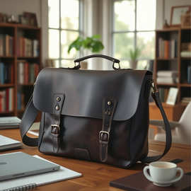 复古疯马皮包包头层牛皮男手提公文包真皮单肩14寸电脑包亚马逊