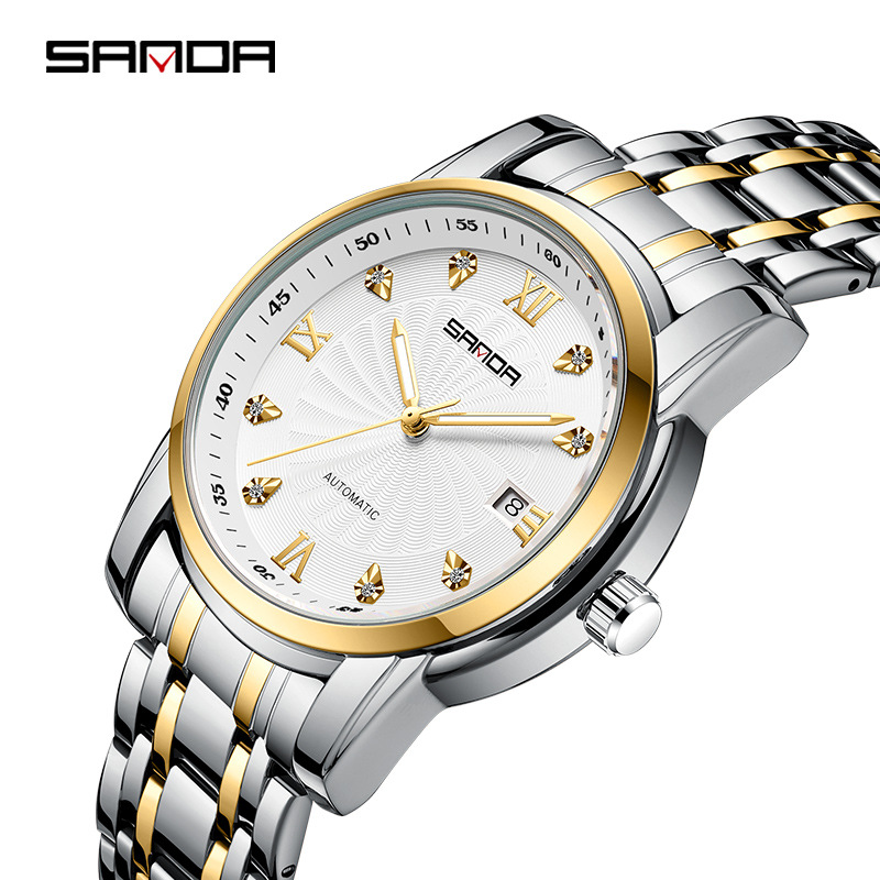 Sanda 7007 correa de acero para hombre reloj mecánico automático transparente inferior rhinestone moda manual reloj mecánico