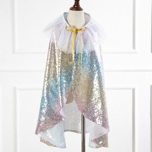 Sequined princess cape for children and girls with mesh collar cape, birthday cape, children's performance cape