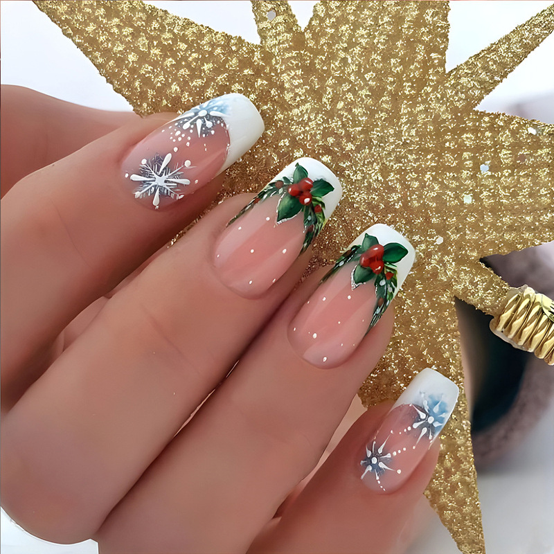 Europe and the United States Hot Christmas Nail Pieces Holly White Edge French Nail Patch Ice Blue Snowflake Long Wear Armor