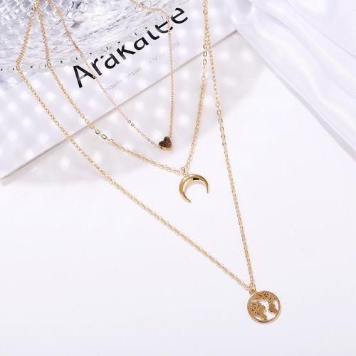 C192 AliExpress Moon Geometric Circle Map Necklace Fashionable Simple Heart Women's Multi-Layered Alloy Clavicle Necklace