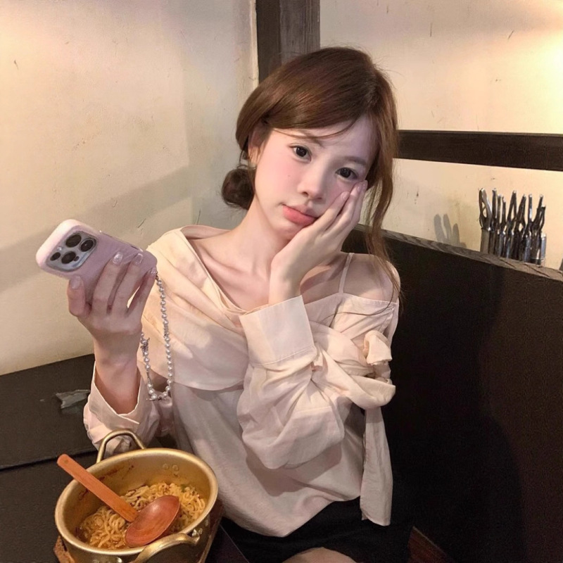 适美2025秋季甜辣妹风一字领飘带长袖衬衫女别致显瘦减龄chic上衣|undefined