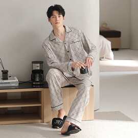 【L-4XL】春秋新款纯棉男士长袖长裤开衫翻领睡衣印花休闲男家居