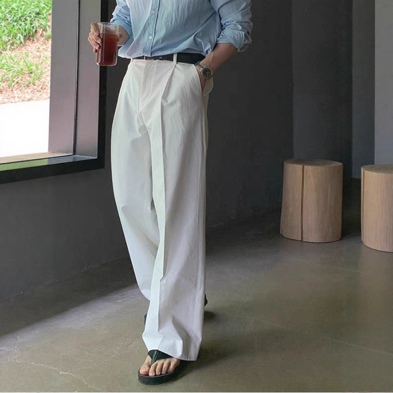 American Retro White Men's Trousers, Wrinkle-Free Loose Straight Cargo Pants, Business Casual Commuting Suit Pants