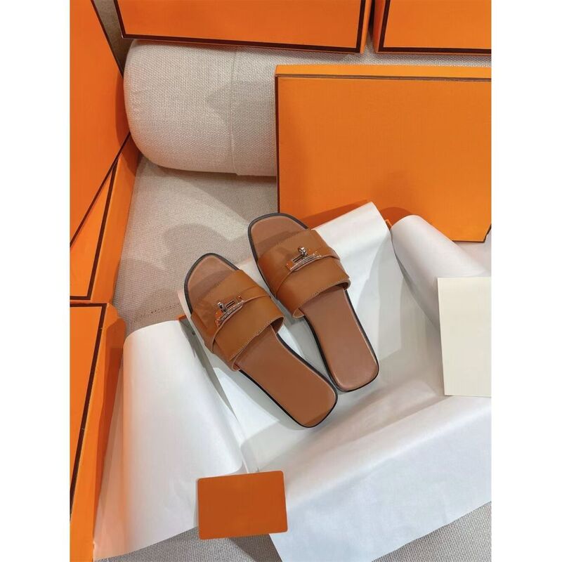 New European Style Kelly Silver Buckle Flat H Slippers Women's Sandals Open-Toe Slippers Outdoor Soft Leather Slippers Trendy