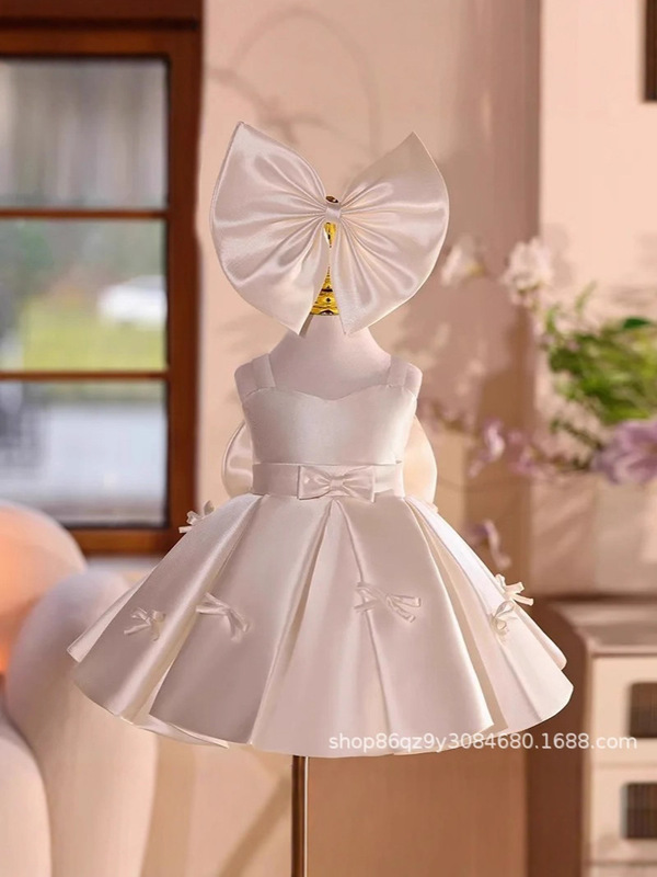 First Communion Dress Sleeveless Flower Girl Dress Bow Decoration Princess Dress Wedding Party Ball Gown