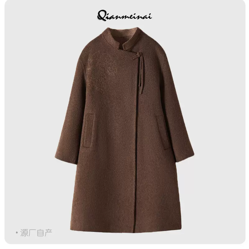 2025复古新中式刺绣斜襟双面羊毛大衣女中长款秋冬外套女装大衣新