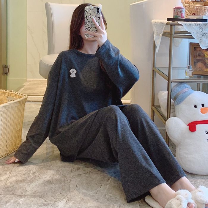 胖mm睡衣女秋冬季新款绵羊绒长袖套装简约风加肥大码家居服可外穿|undefined