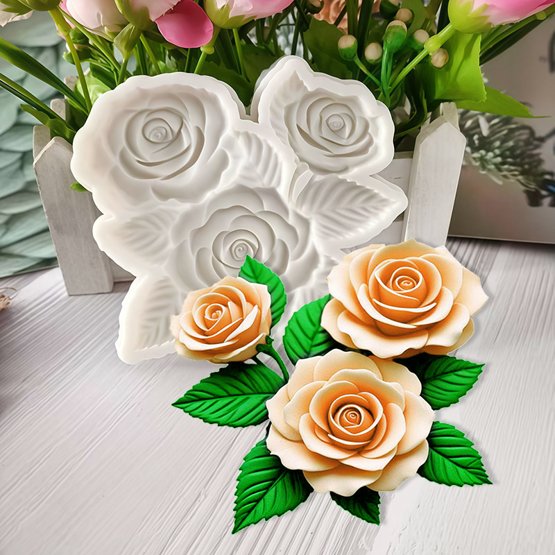 3D Stereo Rose Flower Fondant Silicone Mold, Rose Chocolate Baking Tool with Leaves