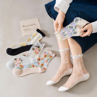Women's socks spring and summer new women's glass stockings cotton bottom thin crystal stockings women's mid-calf socks lace socks flower